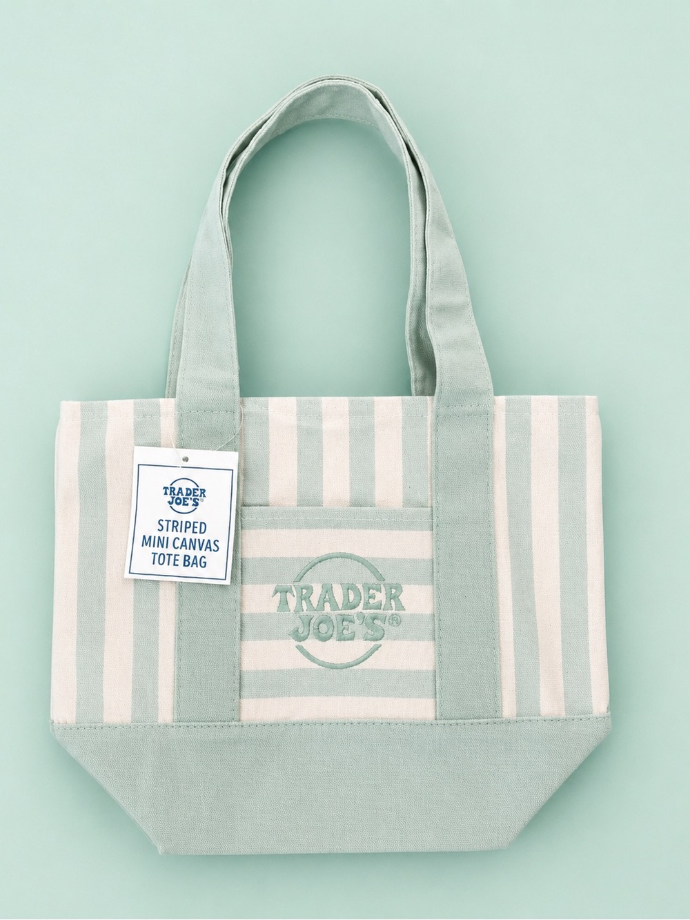 Trader Joe's Mint Green Striped Canvas Tote Bag